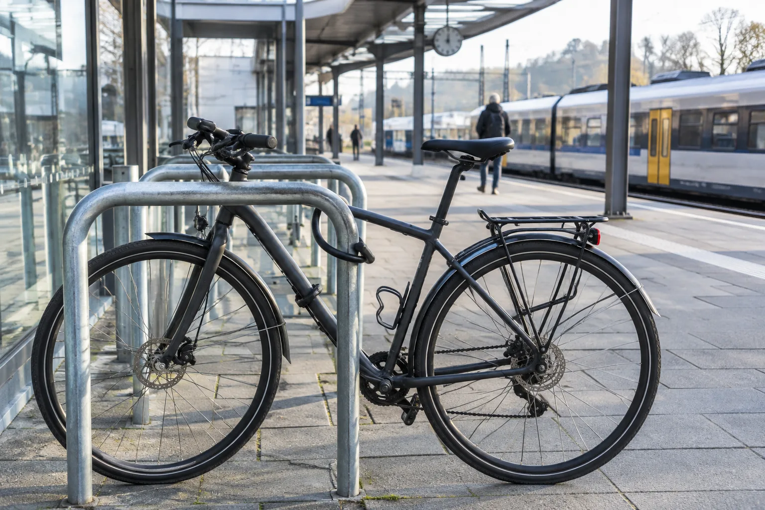 Un vélo attaché à un arceau près d’un quai de gare.