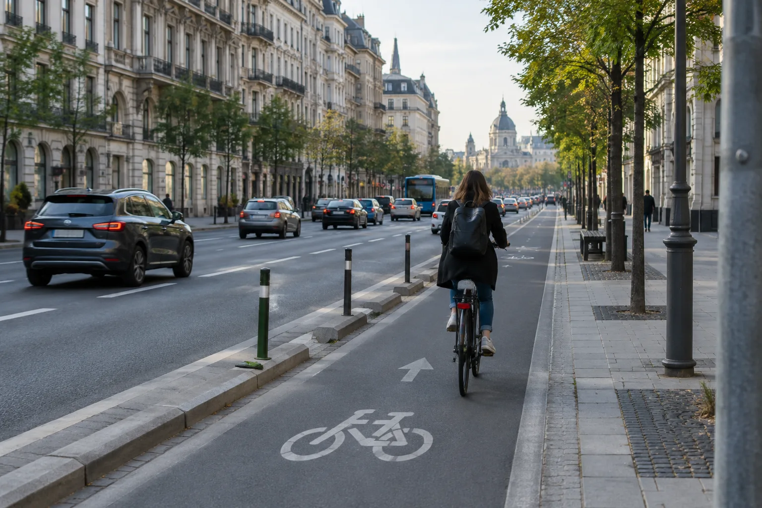 Un cycliste emprunte une piste protégée le long d’une avenue dans une ville européenne.