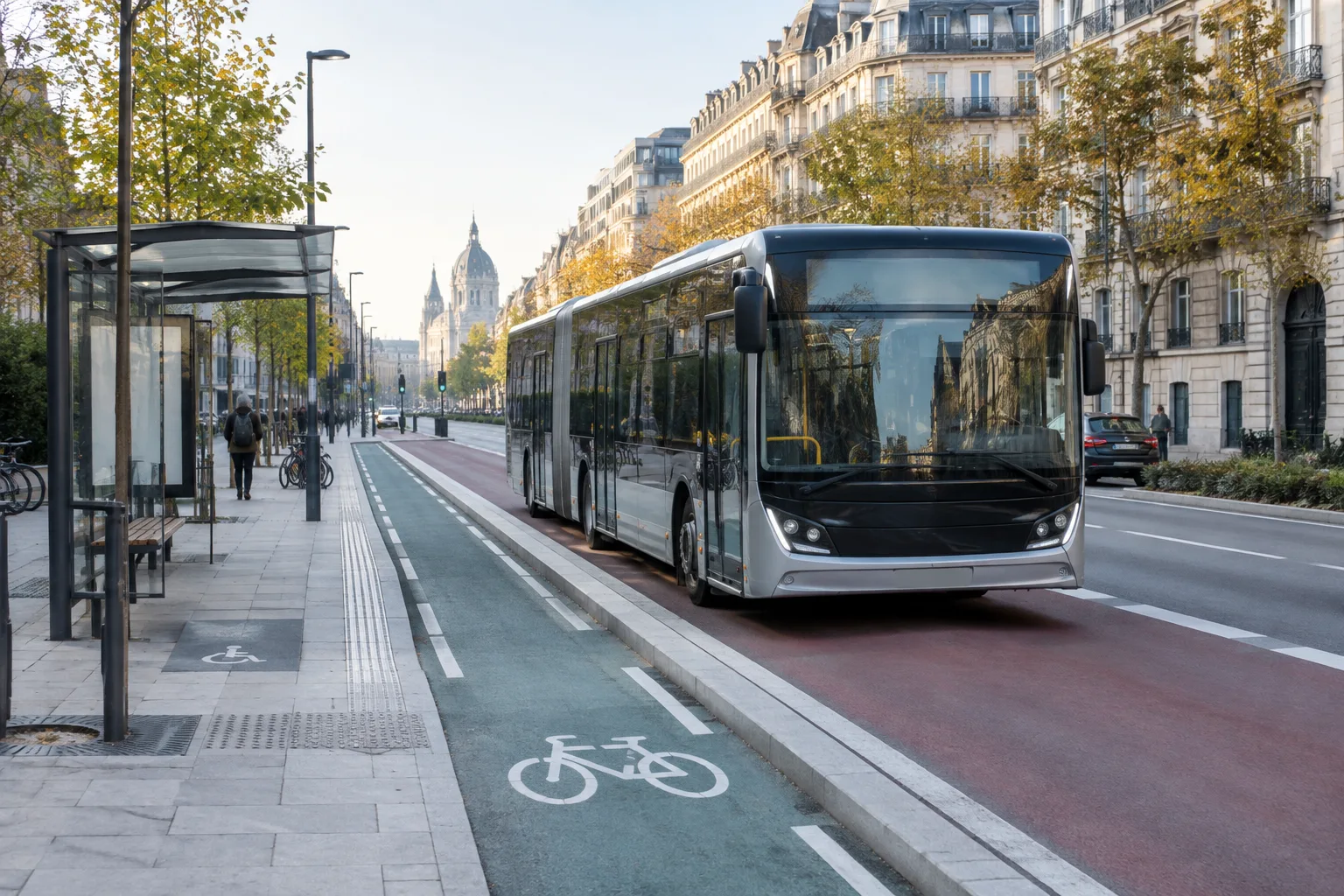 Bus urbain circulant sur une voie réservée près d’un arrêt aménagé.