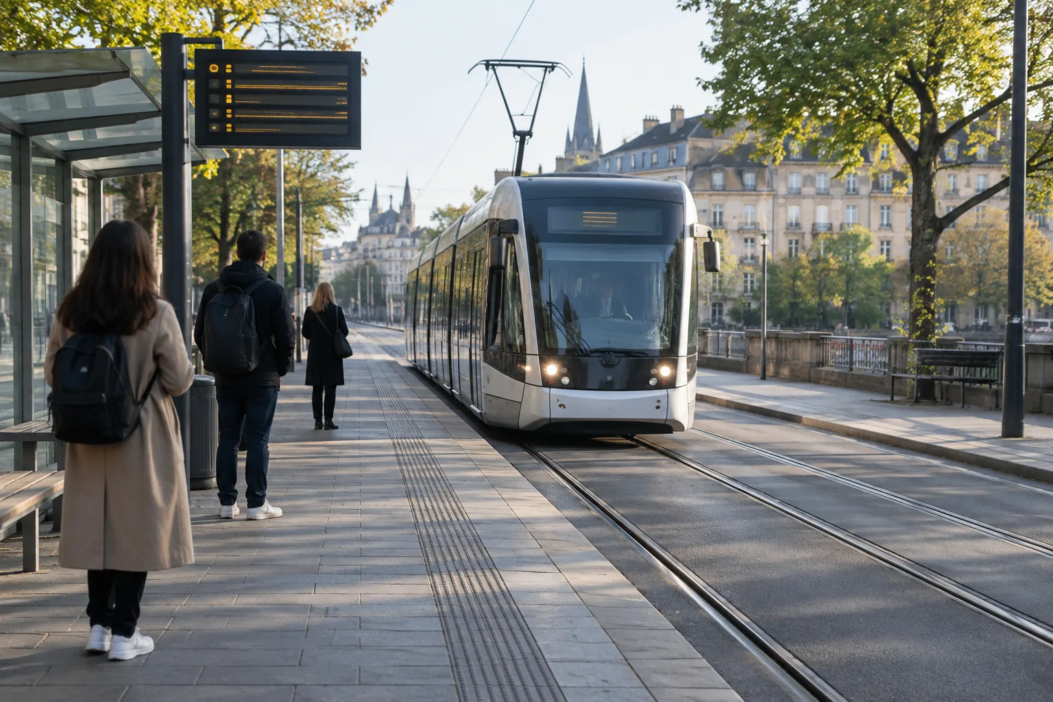 Un tramway arrive à un arrêt urbain où quelques voyageurs attendent.