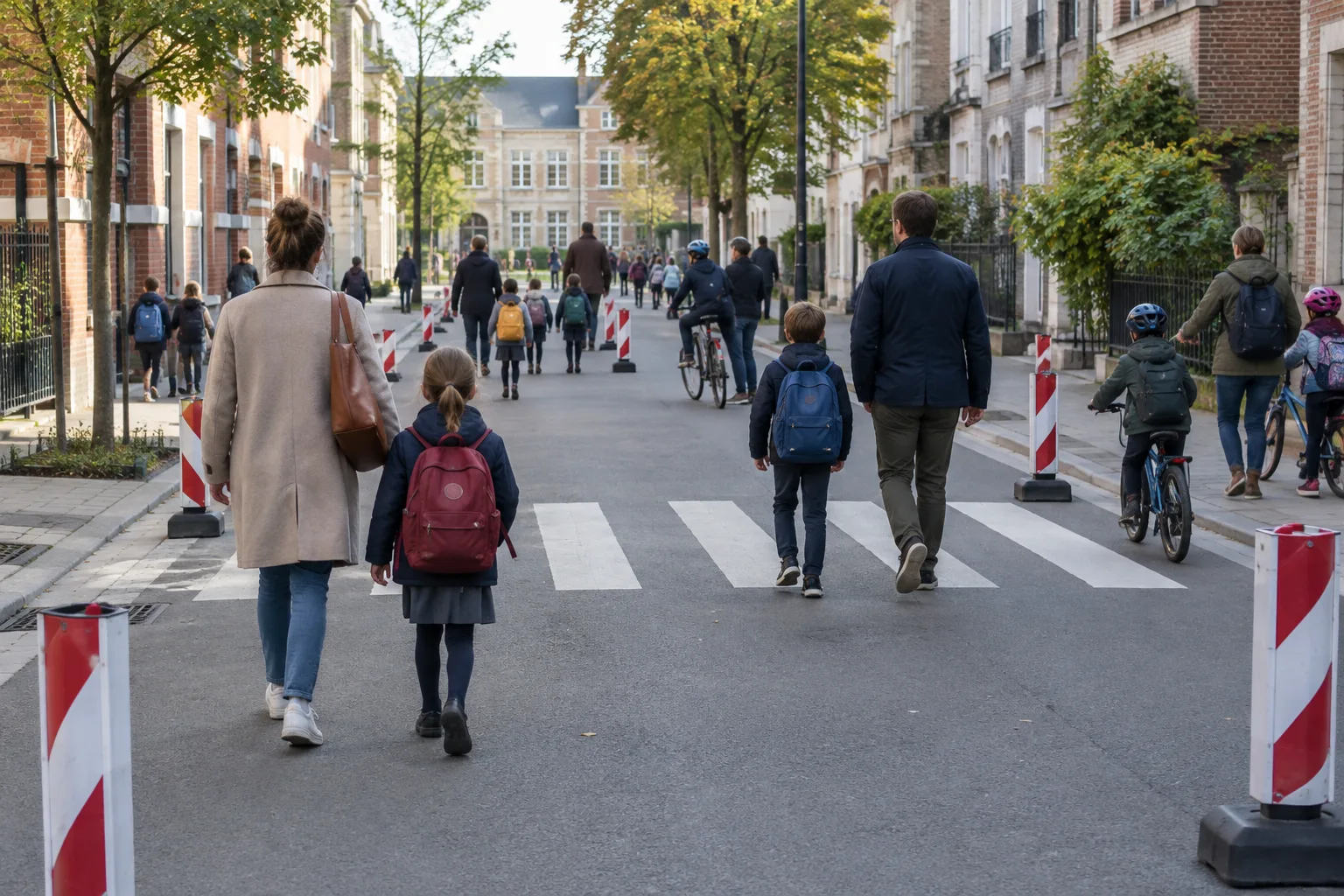 Des enfants et des adultes marchent et roulent à vélo dans une rue apaisée devant une école.