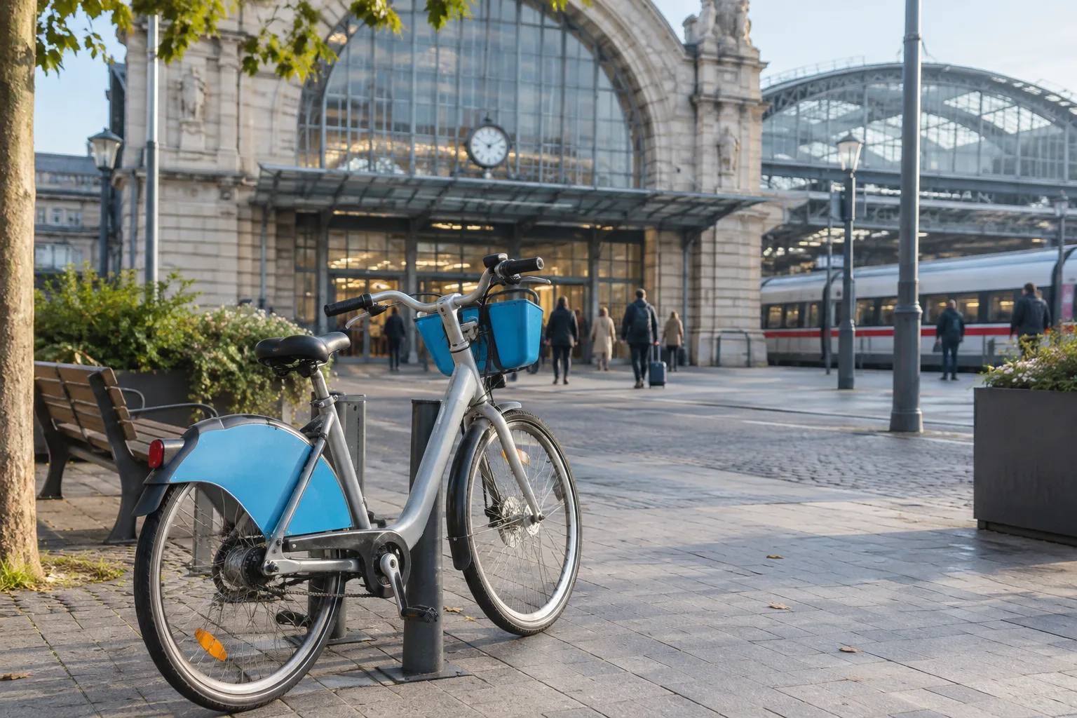 Un vélo en libre-service stationné près de l’entrée d’une gare européenne.