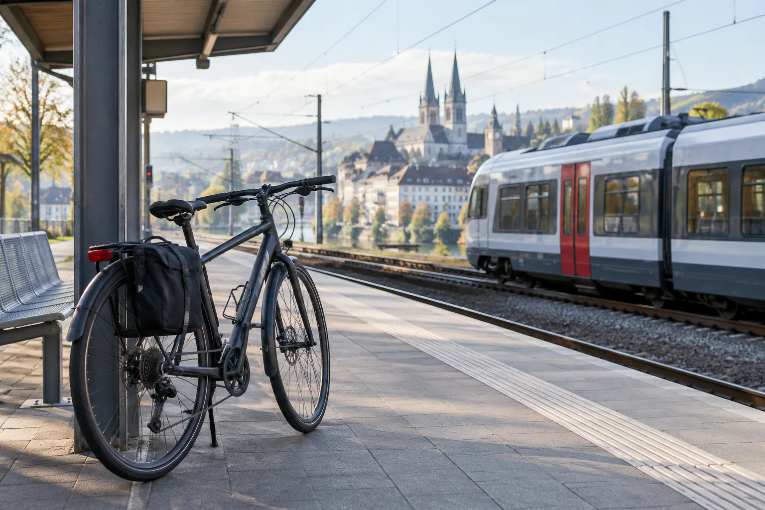 Un vélo attend sur le quai près d’un train régional dans une gare urbaine.